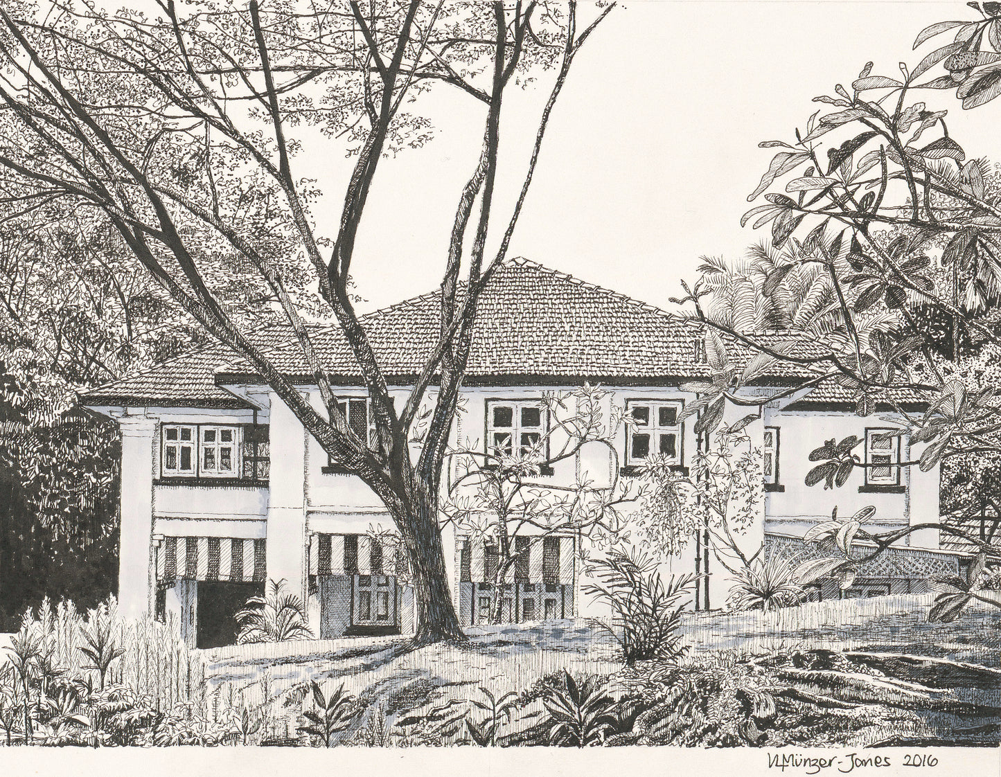 Black and white house with tree, Singapore - art print