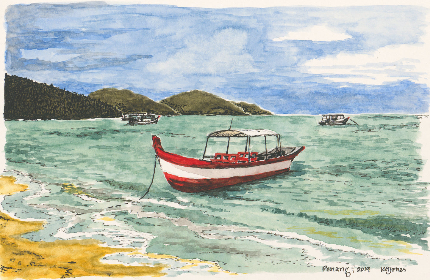 Penang red and white boat - art print